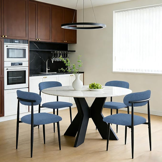 FREKEN Modern Upholstered Dining Chairs Set of 4, Mid-Century Metal Frame Linen Fabric Side Chair for Kitchen Dining Room, 350lbs Capacity, Blue