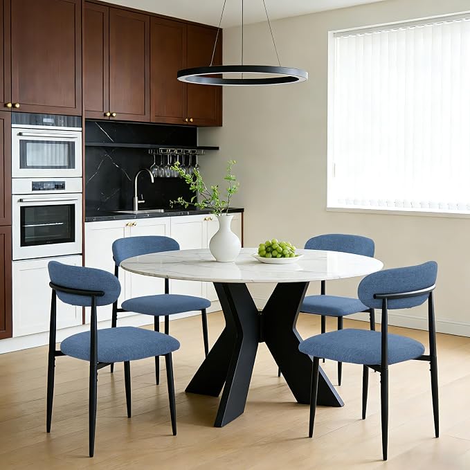 FREKEN Modern Upholstered Dining Chairs Set of 8, Mid-Century Metal Frame Linen Fabric Side Chair for Kitchen Dining Room, 350lbs Capacity, Blue