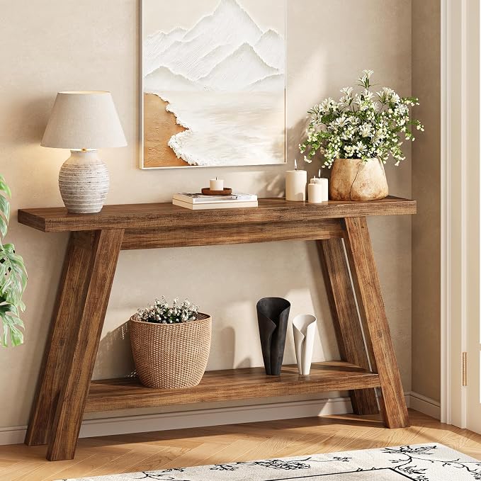 Console Table, 55-Inch Entryway Table with Storage 2-Tier Narrow Wood Console Table Behind Couch Sofa Tables for Living Room, Entryway, Hallway (Light Brown)