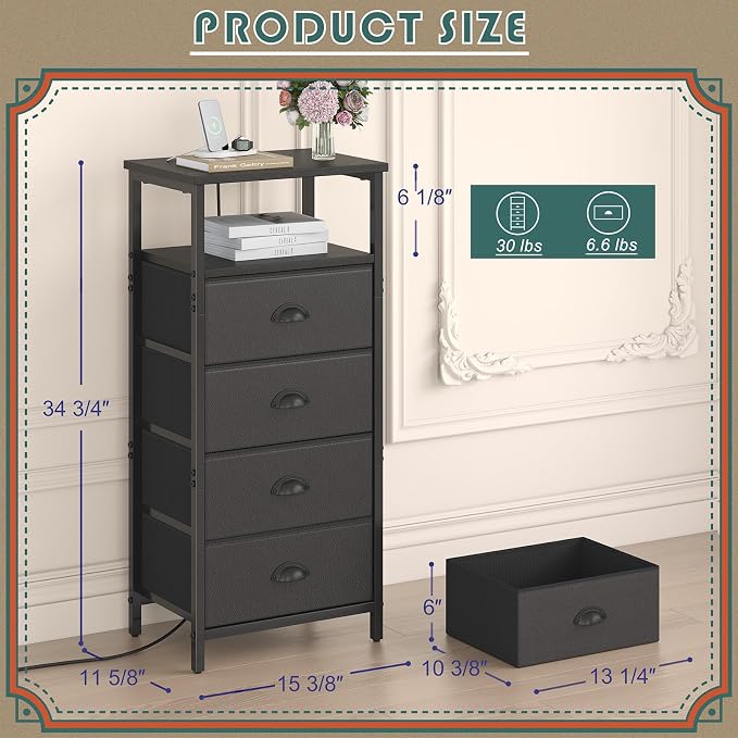 sthmec Nightstand with Charging Station,LED Black Nightstand with 4 Fabric Drawers PU Finish, Bedside End Tables, 2-Tier Open Storage Shelf Side Table Nightstand with Drawers for Bedroom,Black