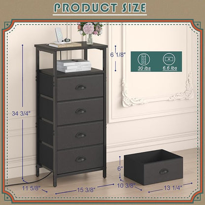 sthmec Nightstand with Charging Station,LED Black Nightstand with 4 Fabric Drawers PU Finish, Bedside End Tables, 2-Tier Open Storage Shelf Side Table Nightstand with Drawers for Bedroom,Black