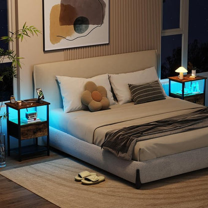 LOAKEKEL Nightstand with Charging Station, End Table with Fabric Drawer, LED Night Stand for Bedroom, Small Bed Side Table with USB Ports and Outlets, Brown, HETS01BR-1