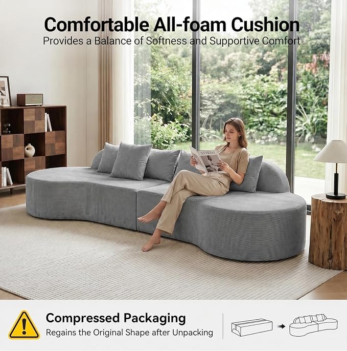 Oversized Modern Curved Cloud Couch Sectional, Boneless Compression Sofa, Modular Sectional Couches, High Density Foam Deep seat Couch with Pillows, Corduroy Sofa for Living Room Office