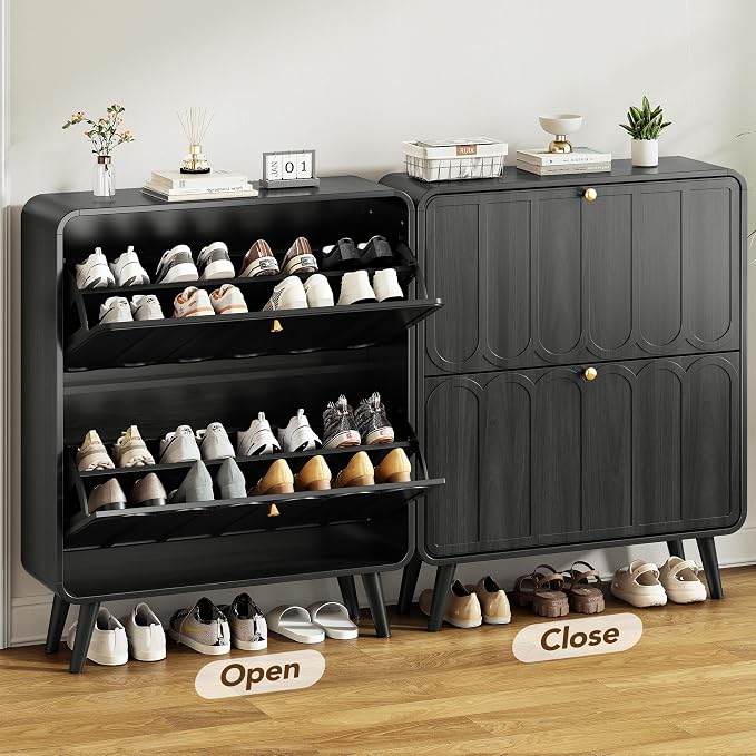 Decofy Shoe Cabinet with 2 flip-Down Drawers (Walnut)
