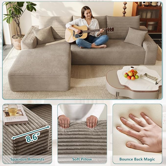 95" Modular Sectional Couch, Boneless L Shaped Cloud Sofa with Chaise Lounge, Corduroy Upholstered Couches Memory Foam Deep Seat, No Assembly Required, Ideal for Living Room(Camel, Left Facing)