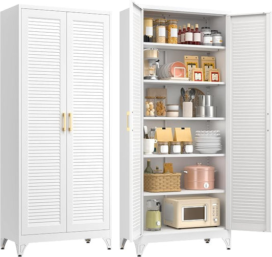 Polup 75" Kitchen Pantry Cabinet, White Metal Storage Cabinet with Doors and 5 Adjustable Shelves, Tall Metal Pantry Cabinets, Large Cupboard for Kitchen, Dining Living Room, Bathroom, Office