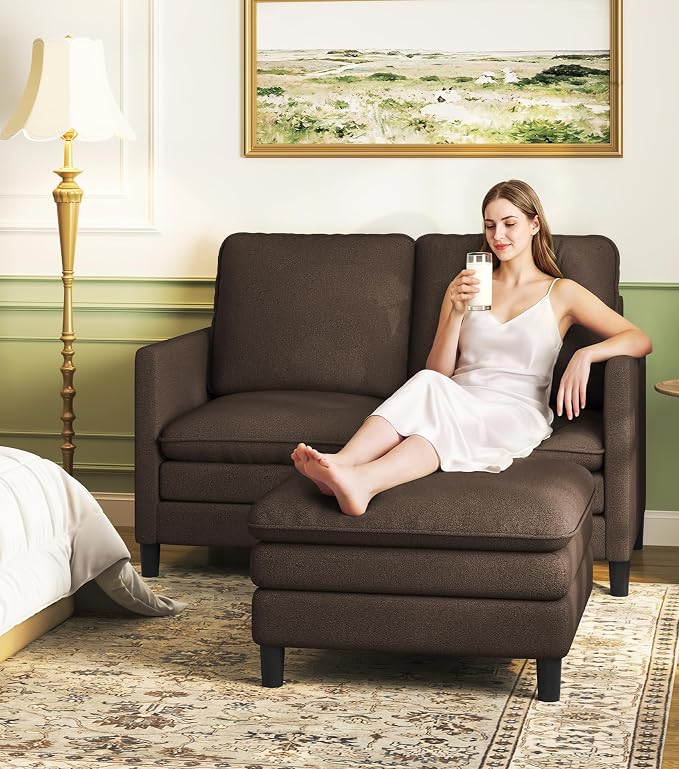 Welzona 3-Layers Cloud L Shaped Couch, 51" Loveseat Sofa Living Room, Bedroom - Tool-Free Assembly with Teddy Fabric Small L Shape Sofa - Brown - Removable Washable Covers - 650lbs Capacity