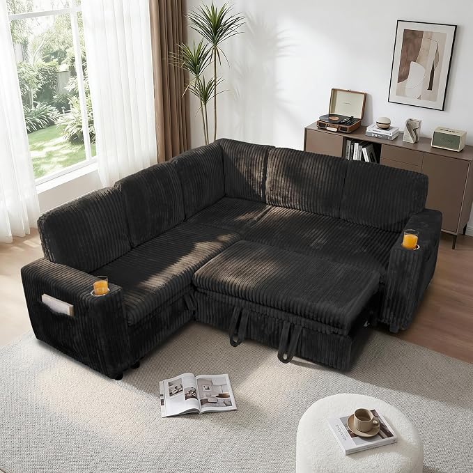Sectional Sleeper Sofa with Pull Out Bed, 5-Seat L-Shaped, Black | Plush Corduroy Modular Couch with Hidden Storage, USB Charging & Cup Holders, Cozy Small Sectional Couches for Living Room.