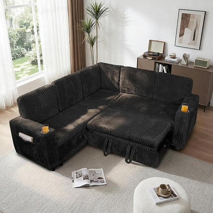 Sectional Sleeper Sofa with Pull Out Bed, 5-Seat L-Shaped, Black | Plush Corduroy Modular Couch with Hidden Storage, USB Charging & Cup Holders, Cozy Small Sectional Couches for Living Room.