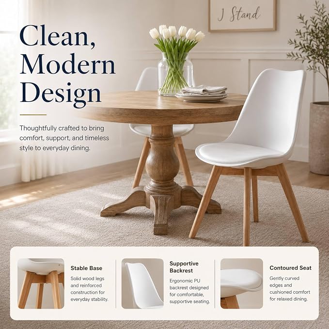 Dining Chairs Set of 8, Modern Upholstered Dining Room Chairs with PU Leather Padded Seat, Armless Kitchen Chairs with Curved Backrest and Solid Wood Legs for Dining Room, Kitchen, Apartment, White
