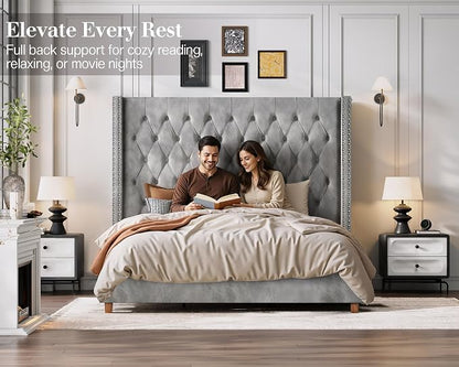 Jocisland Queen Bed Frame 61.4" Tall Headboard Velvet upholstered,Cream | Full Back Support Wingback Headboard,Deep Button Tufted Hand-crafted Pleats,Squeak-Free Sleep,Solid Wood Legs,Easy Assembly