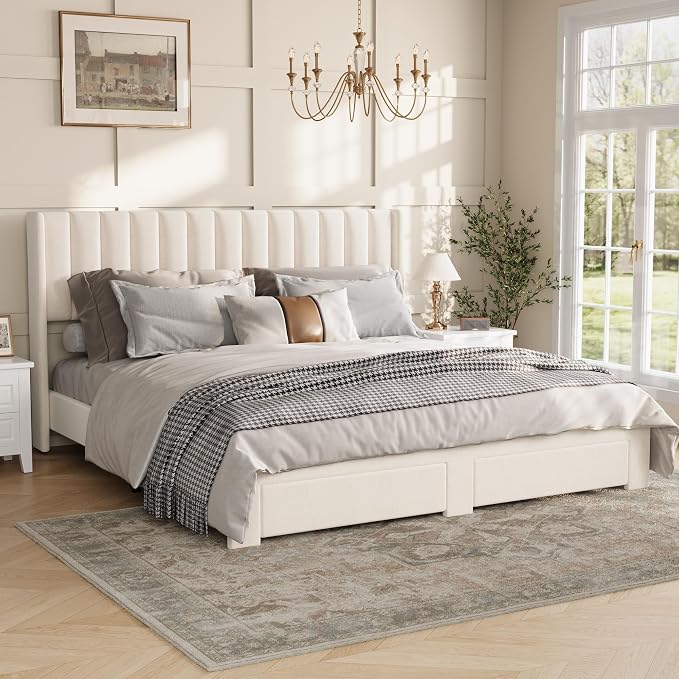 GAOMON King Size Velvet Upholstered Platform Bed with Storage Drawers, Wingback Headboard, No Box Spring Needed, Cream White