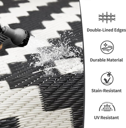 GENIMO Outdoor Rugs 8x10 Waterproof, Reversible Mats, Area Plastic Straw Rug, Outside Carpet, Geometric Rv Mat for Patio Camping Picnic Backyard Deck Balcony Porch Beach Trailer (Black & White)