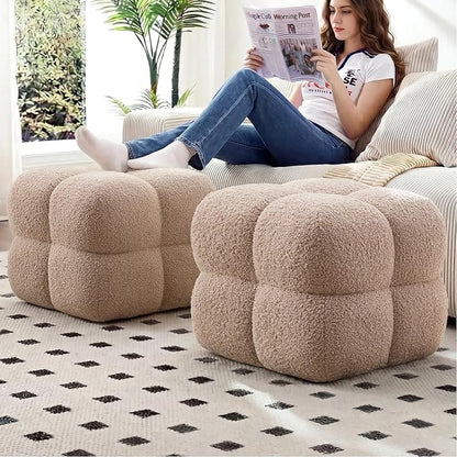Zesthouse Square Pouf Ottoman Set of 2, Modern Backless Vanity Chair for Bedroom, Tan Fuzzy Foot Rest for Couch, Upholstered Tufted Footstool, Sherpa Fabric Ottoman Coffee Table for Living Room