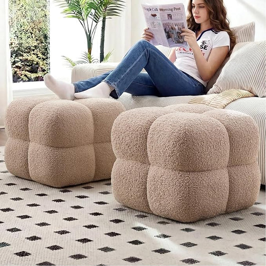 Zesthouse Square Pouf Ottoman Set of 2, Modern Backless Vanity Chair for Bedroom, Tan Fuzzy Foot Rest for Couch, Upholstered Tufted Footstool, Sherpa Fabric Ottoman Coffee Table for Living Room