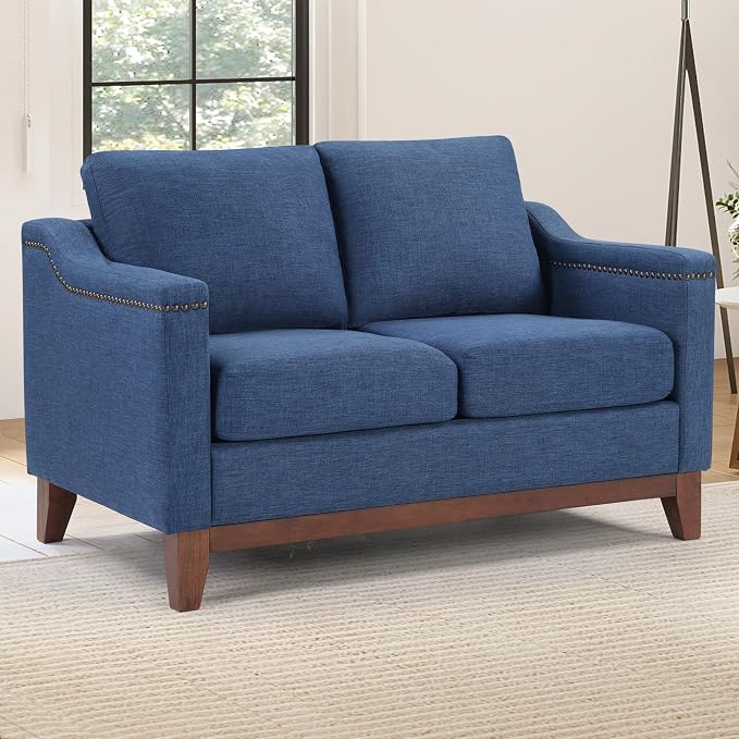 HAOMARKETS Vintage 2-Seater Upholstered Loveseat Sofa with Nailhead Trim, High-Density Foam Cushion & Solid Wood Legs, Soft Fabric Couch for Small Spaces, Blue