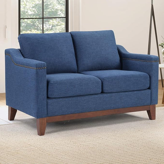 HAOMARKETS Vintage 2-Seater Upholstered Loveseat Sofa with Nailhead Trim, High-Density Foam Cushion & Solid Wood Legs, Soft Fabric Couch for Small Spaces, Blue