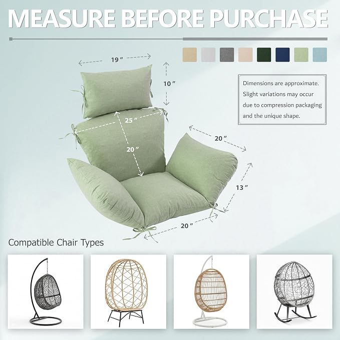 Egg Chair Cushion with 8 Securing Straps, Water-Repellent & Fade-Resistant Faux Linen, Removable Cover, Replacement Cushion for Most Single Outdoor Hanging Swing Egg Chairs – Sage Green