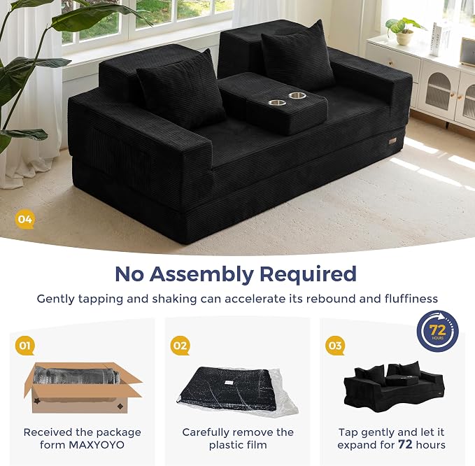 MAXYOYO Convertible Sofa Bed, 80" Oversized Boneless Loveseat Couch 4 in 1 Foldable Floor Sofa Couch in A Box with 2 Cup Holders, Folding Chair for Living Room, No Assembly Required, Black