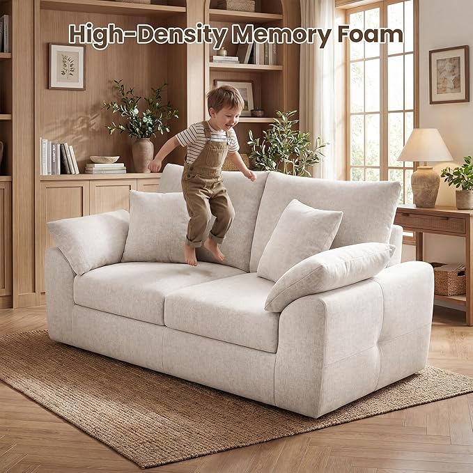 75.6" Boneless Loveseat Sofa, Polyester Fabric 2-Seater Couch with 4 Pillows, No Assembly Required, Soft High Density Foam Cushion, Rectangular Track Arm Sofa for Living Room Bedroom Apartment (Beige)