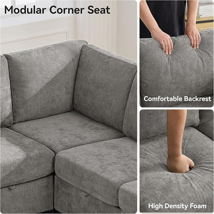 104'' V Shaped Modular Sofa, Sectional Couch with Storage for Living Room, Modern 7 Seater Cloud Sectional Couch with Movable Ottoman, Chenille Grey