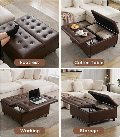Tbfit Large Square Storage Ottoman Bench, Tufted Upholstered Coffee Table Ottoman with Lift Top & Solid Wood Legs, Oversized Storage Ottomans Toy Box for Living Room (Dark Brown)