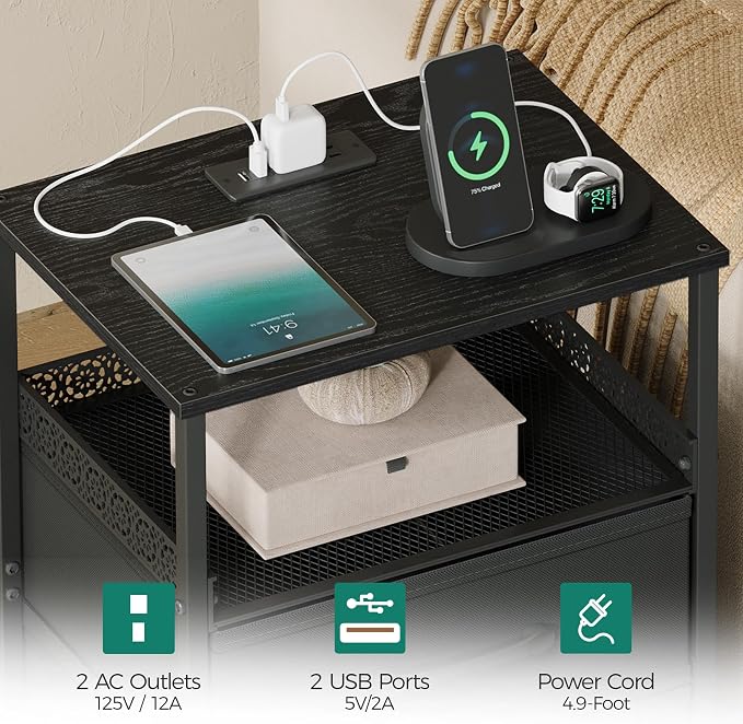 JARHETUN Nightstand Set of 2, Night Stands with Charging Station, 26.4 Inch Tall Bedside Table with Metal Shelf, Modern Side End Table with 3 Fabirc Drawers, Small Dresser for Bedroom, Black