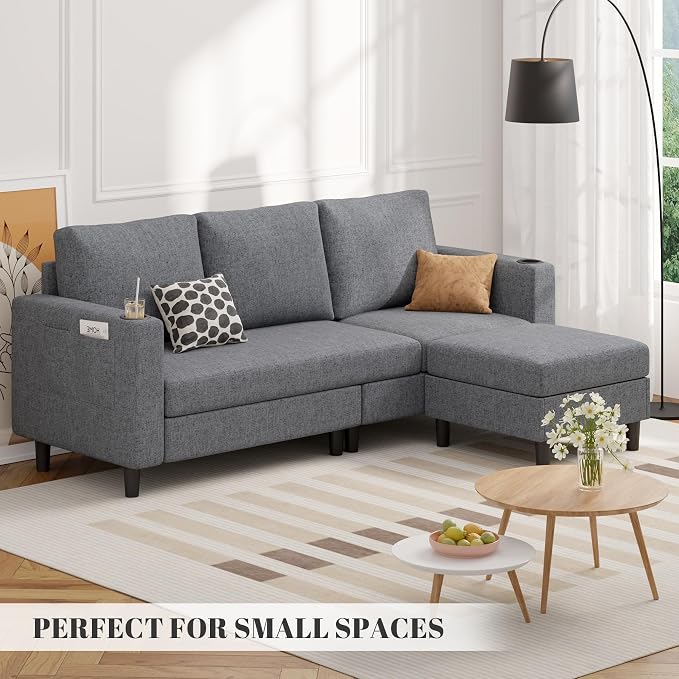 Luxanimarion Upholstered Sectional Sofa and Couches, 78'' L Shaped 3-seat Sofa forLiving Room, Apartment,Lounge,Bedroom-Washable Covers Convertible Sofas(Linen Fabric,Dark Gary)