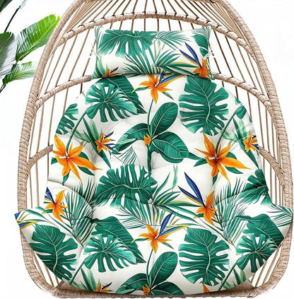 MAGIC ELEPHANT Egg Chair Cushion, Memory Foam Hanging Egg Chair Cushion Replacement, Indoor Outdoor Hammock Basket Swing Cushion with Headrest (Tropical Monstera)