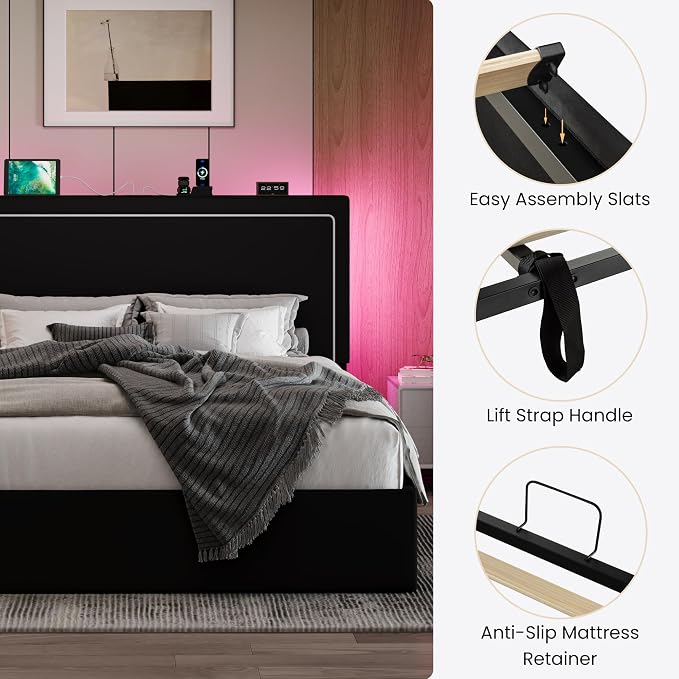SHA CERLIN Queen Size Hydraulic Lift-Up Storage Platform Bed Frame with Charging Station, RGB LED Lights, Adjustable Velvet Headboard, USB-A and USB-C Ports, No Box Spring Needed, Black