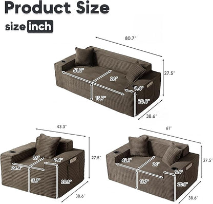 Boneless Sectional Sofa 3 Piece Set with Cup Holders & Side Pockets, Luxury Corduroy Fabric Deep Seat Cloud Couch Living Room, Office, No Assembly (Brown)