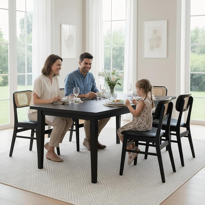 ROCITY Black Dining Chairs Set of 4 Faux Leather Dining Room Chairs with Rattan Back Farmhouse Kitchen Chairs Wooden Side Chairs
