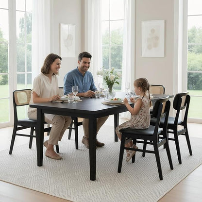 ROCITY Black Dining Chairs Set of 4 Faux Leather Dining Room Chairs with Rattan Back Farmhouse Kitchen Chairs Wooden Side Chairs