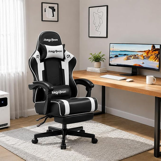 Gaming Chair for Adults Gamer Game Ergonomic PC Chair, 7-Point Support | Pocket Springs & Foam,51cm Wide Seat,Sync Armrests, 90°-135° Backrest, PU Leather, Black and White, 400lbs Load