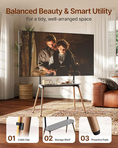 Easel Floor TV Stand with Storage for 49-86 inch TVs, Height Adjustable 4-Leg Universal TV Stand with Cable Management & Protective Pads, Holds 110 lbs for Living Room, Office, School, Black