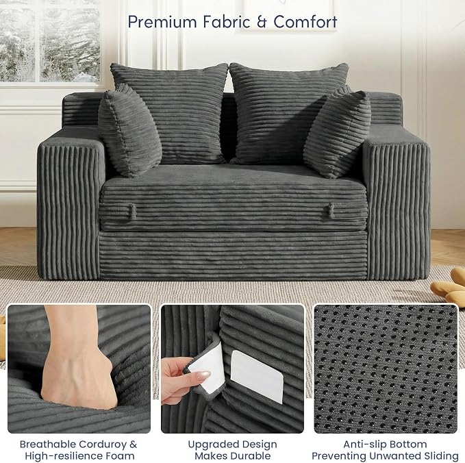 cidludto Boneless Couch Loveseat Sleeper, Convertible Sofa Bed Folding Couch Bed Foldable, 2 in 1 Boneless Chair Bed & Futon Sofa Bed, Small Pull Out Sofa with 4 Pillows for Living Room, Grey