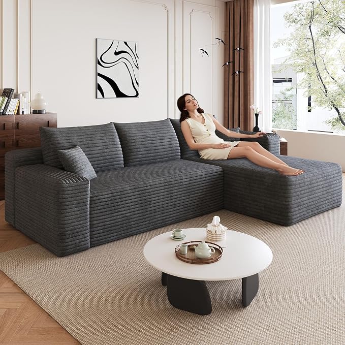 95" Modular Sectional Sofa, Modern Corduroy Cloud Couch with Side Pockets, Boneless Couch Upholstered 3-Seater L-Shaped Sofa for Living Room, No Assembly Required (Dark Gray,Right-Facing Chaise)