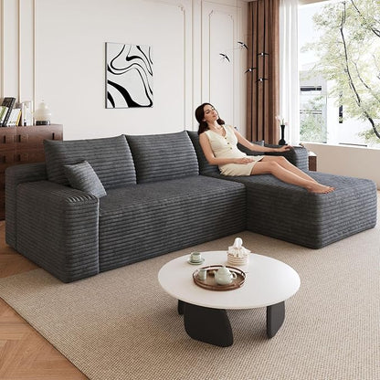 95" Modular Sectional Sofa, Modern Corduroy Cloud Couch with Side Pockets, Boneless Couch Upholstered 3-Seater L-Shaped Sofa for Living Room, No Assembly Required (Dark Gray,Right-Facing Chaise)