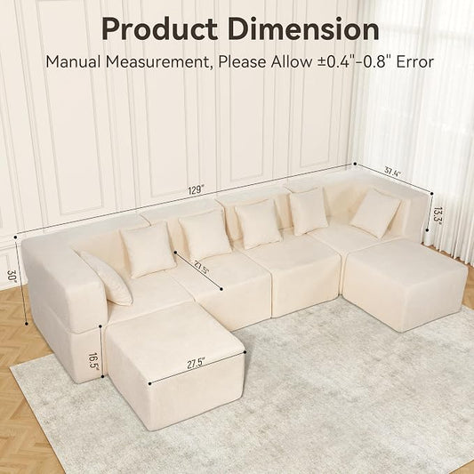 MONVANE 130'' Modular Sectional Cloud Couch for Living Room, 6 Seater Convertible Chenille Couches Set with Ottoman & Pillow, No Assembly Compression Sofas, Comfy Floor Sofa with Memory Foam, Beige