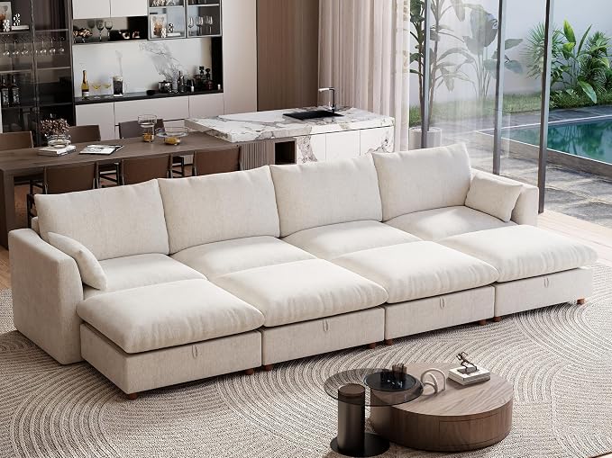 Ihanherry 152" Oversized Modular Sectional Sofa, Modern Cloud Couch with 4 Storage Ottoman, 8-Seat Comfy Chenille Deep Seat Sofa with 2 Pillows for Living Room, Beige