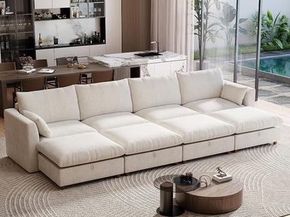 Ihanherry 152" Oversized Modular Sectional Sofa, Modern Cloud Couch with 4 Storage Ottoman, 8-Seat Comfy Chenille Deep Seat Sofa with 2 Pillows for Living Room, Beige