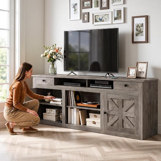 YITAHOME 70" Farmhouse TV Stand for 75/80 Inch TVs, Entertainment Center with Drawers, Adjustable Shelves & Built-in Power Outlet, Stable Anti-Tip TV Console Cabinet for Living Room, Washed Grey