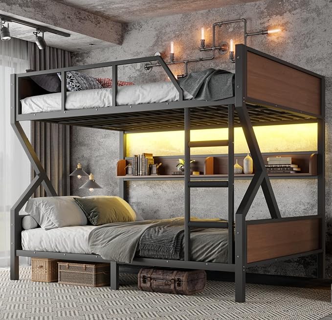 KEIKI Queen Over Queen Bunk Bed, Heavy Duty Metal Bunkbed with Storage Shelves, Lights, Bottom Space & Guardrail for Aldults Dorm Bedroom Guest Room, No Box Spring Needed, Noise-Free Design
