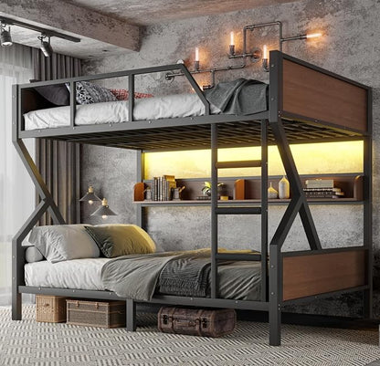 KEIKI Queen Over Queen Bunk Bed, Heavy Duty Metal Bunkbed with Storage Shelves, Lights, Bottom Space & Guardrail for Aldults Dorm Bedroom Guest Room, No Box Spring Needed, Noise-Free Design