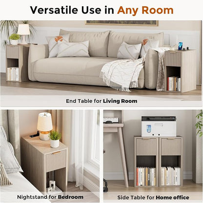 Homleke Narrow End Table with Fluted Drawer and Charging Station, Small Nightstand with USB Ports & Outlets, Bedside Table for Bedroom or Living Room, Modern Accent Table, Light Gray Oak