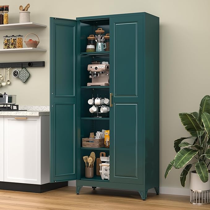 75” Metal Tall Kitchen Pantry Cabinet,Metal Storage Cabinet with Doors and Adjustable Shelves,Modern Kitchen Hutch Cabinets,Freestanding Cupboard for Office Living Room