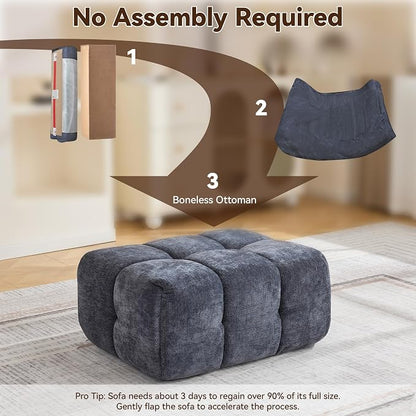 Large Boneless Ottoman, Upholstered Cloud Ottomans for Couch, Oversized Modern Foot Rest for Sectional Couches for Living Room, Foot Stools No Assembly Required, Tufted Ottoman, Blue