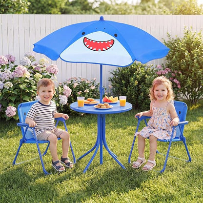 Costzon Kids Picnic Table, Kids Outdoor Table with 2 Folding Chairs, Height Adjustable Umbrella, Portable Children Outdoor Furniture for Patio, Garden, Backyard (Blue Shark)
