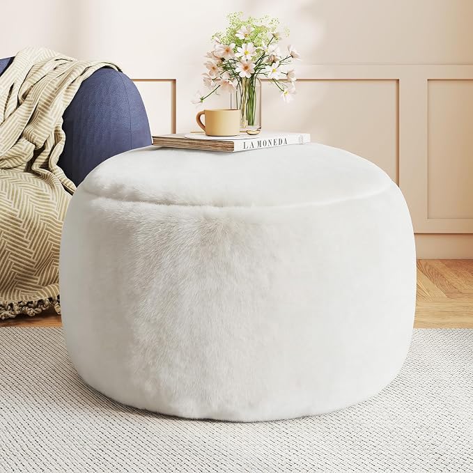 Gericco Round Pouf Ottoman Foot Rest, 29 X 18Inch Floor Poufs Footstool, A Round Modern Foam Filled Foot Stool for Living Room, Home, Nursery, Dorm (White, 29Inch)