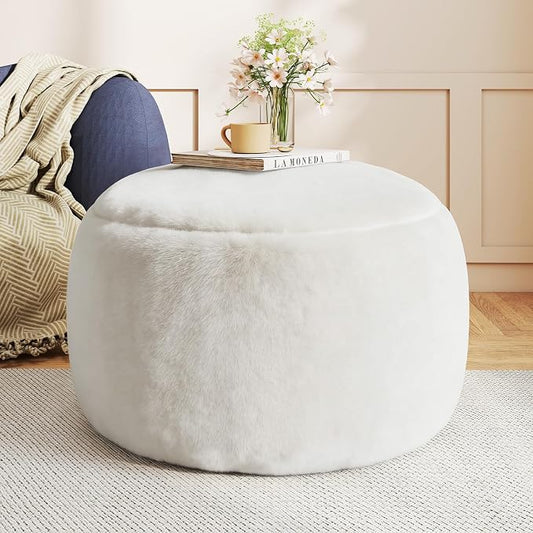 Gericco Round Pouf Ottoman Foot Rest, 29 X 18Inch Floor Poufs Footstool, A Round Modern Foam Filled Foot Stool for Living Room, Home, Nursery, Dorm (White, 29Inch)